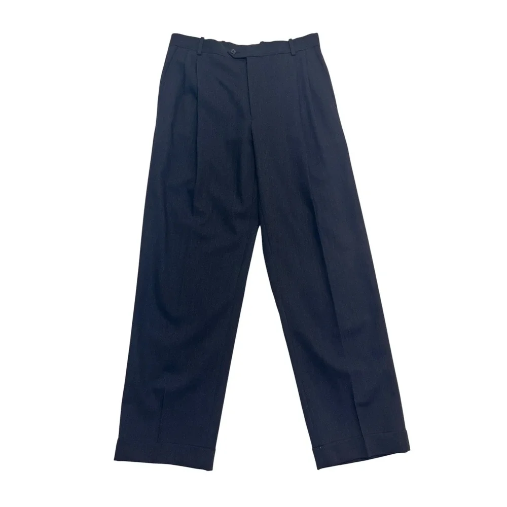 Pronto Uomo 31x30 Dark Charcoal Dress Pants Trousers 100% Wool Pleated Cuffed